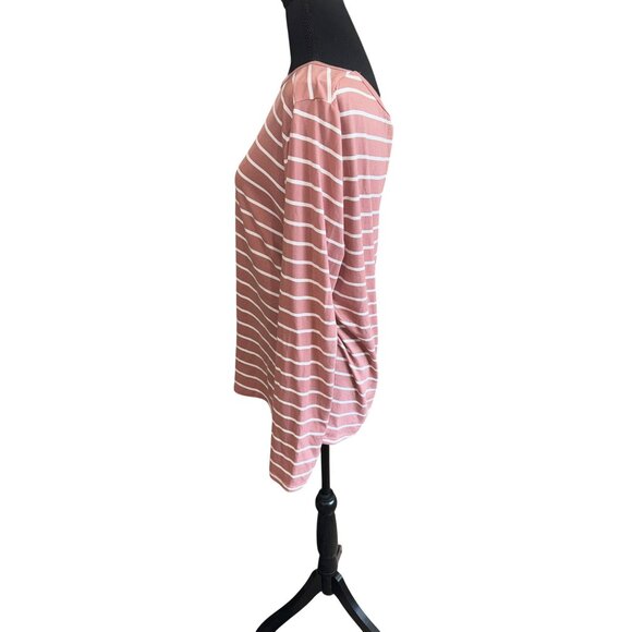 REBORN J Soft Mauve White Striped Long Sleeve Side Tie Top L Casual Classic Trav - Picture 4 of 8